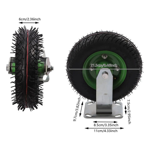 Heavy Duty 10 Inch Pneumatic Caster Wheels With Killer Knobby Tread, Four Piece Kit Including Two Swivel And Two Rigid Casters, Moves Like Butter side and top view showing dimensions.