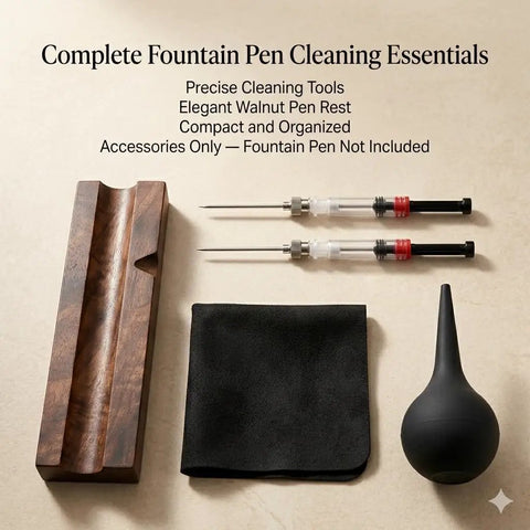 All In One Fountain Pen Care Kit with black walnut pen rest, two ink filling tools, premium cleaning cloth, rubber cleaning bulb.