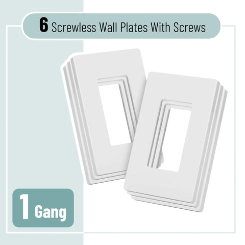 Screwless Decorator Wall Plates 6 Pack, 1 Gang, white, stack of wall plates with smooth finish and modern look.