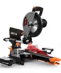 DWT sliding compound miter saw with laser, 10-inch blade, extension table, iron blade guard, orange accents