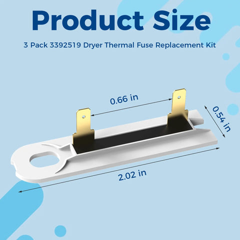 Dimensions of Three Pack Dryer Thermal Fuse Replacement Kit 196 Fahrenheit Non Resettable Overheat Protector For Whirlpool Kenmore Maytag Dryers Universal WP3392519 AP6008325 3388651 694511 shown on white background