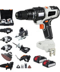 Built Different 10 In 1 Cordless Power Tool Combo Kit With Brushless Motor showing drill, batteries, and interchangeable heads in heavy duty case.