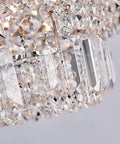 Close-up of Lit Modern Chrome Crystal Flush Mount LED Chandelier Light Fixture, sparkling crystal glass detail, elegant design.