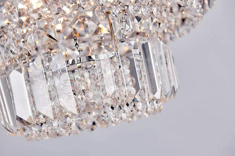 Close-up of Lit Modern Chrome Crystal Flush Mount LED Chandelier Light Fixture, sparkling crystal glass detail, elegant design.