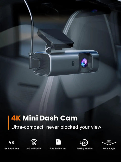 4K Front Dash Cam With 5G WiFi And 64GB Card Included mounted on car windshield