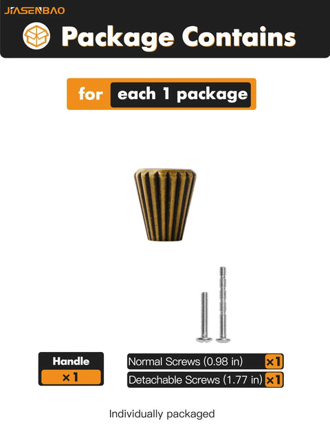 Antique Brass Cabinet Knobs Set 2 Pack Vintage Round Dresser Knobs package contents with screws and knob