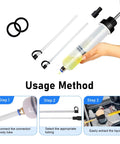 200cc Manual Fluid Extractor Pump With Dual Hoses For Quick Auto Oil Changes Universal Syringe Transfer Pump For Power Steering Transmission Fluid Gear Oil And Brake Fluid, usage steps