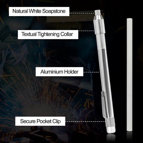 Heavy Duty Professional Grade Round Soapstone Pencils With Secure Grip Holder And Full Refill Pack showing features like aluminium holder and pocket clip.