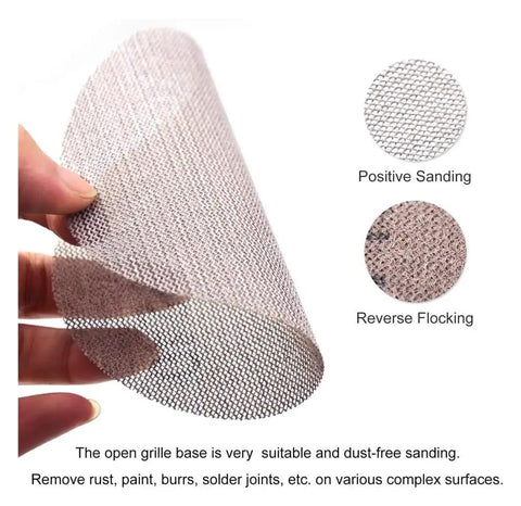 Cool 20 Piece Assortment Of 5 Inch Mesh Hook Loop Sanding Discs With 80 To 600 Grit For Smooth Finish And Dust-Free Prepping On Wood And Metal displayed with open grille base for dust-free sanding.