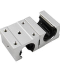 Close-up of a bearing block from the Two Heavy Duty Linear Guide Rails Kit SBR16 To SBR20 With Four Bearing Blocks SBR16UU SBR20LUU 16LUU 20UU For CNC Machines And 3D Printers, Smooth Precision Motion And Easy Assembly.