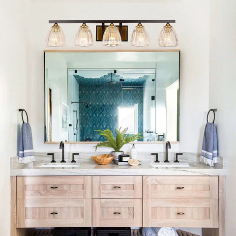 36 Inch Farmhouse Vanity Light Over Mirror Brown Finish 5 Light Wall Fixture For Bathroom That Brightens Up Your Space Modern Yet Rustic Look That Brings Warm Glow And Style To Bathroom Decor For Real above a double sink vanity