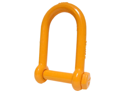 Built Different 1 Inch X100 Alloy Steel Screw Pin Long Reach Shackle shown in orange, designed for heavy duty rigging.