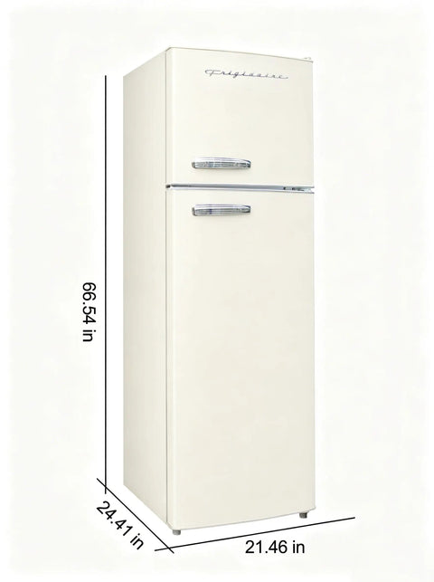 Retro Apartment Refrigerator With Top Freezer And Ten Cubic Feet Of Solid Chill Storage Featuring Heavy Duty Spill Proof Shelves And Classic Chrome Trimmings For Your Straight Fire Home Setup displaying dimensions.