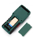 Straight Up 4 In 1 Wall Scanner And Stud Finder showing battery compartment, green body, designed for detecting wires and studs.