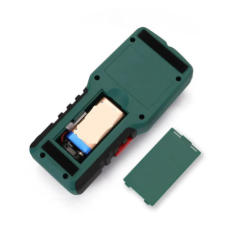 Straight Up 4 In 1 Wall Scanner And Stud Finder showing battery compartment, green body, designed for detecting wires and studs.