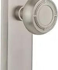 Privacy Door Knob Set With New York Plate And Mission Knob, Lead Crystal Knobs, Satin Nickel Finish, Solid Forged Brass, Two Sided Set
