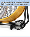 Heavy Duty 220V Cylindrical Floor Fan With Adjustable Tilt And Rolling Casters For Factory Ventilation And Refrigeration Cooling Rock Solid Steel Build showing thickened bracket and easy-roll casters.
