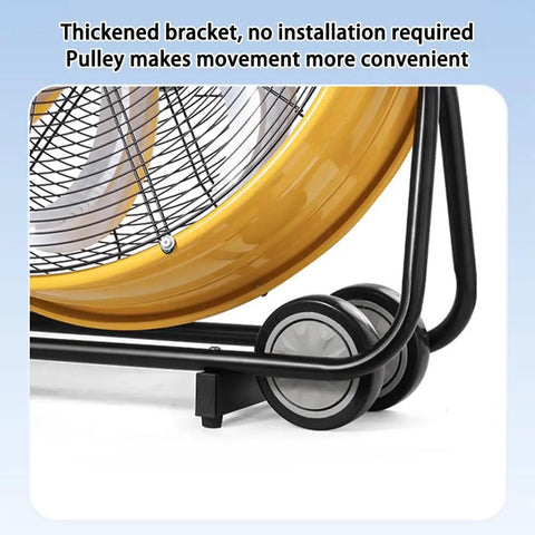 Heavy Duty 220V Cylindrical Floor Fan With Adjustable Tilt And Rolling Casters For Factory Ventilation And Refrigeration Cooling Rock Solid Steel Build showing thickened bracket and easy-roll casters.