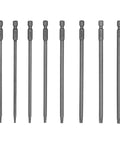 Top Shelf Eight Piece Long Torx Security Screwdriver Bits Set Built Tough With S2 Steel Blades, T8 to T40 sizes, hex shank.