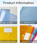 Six Pack Plastic Binder Pockets Folders With Transparent Pockets And Label Window A4 Size Each Holds Up To 150 Sheets, shown in various colors with writable labels and waterproof feature.