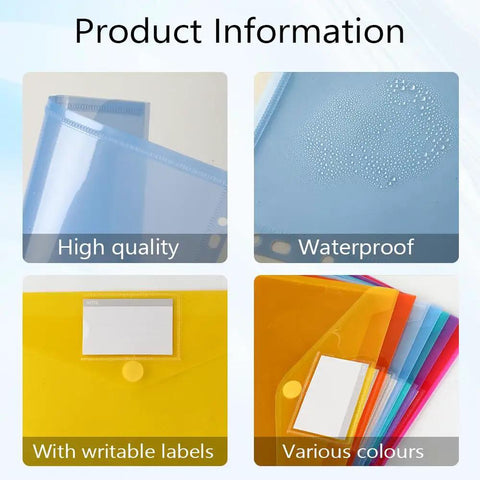 Six Pack Plastic Binder Pockets Folders With Transparent Pockets And Label Window A4 Size Each Holds Up To 150 Sheets, shown in various colors with writable labels and waterproof feature.