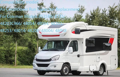 RV parked outdoors, compatible with Beefed Up Run Capacitor Replacement For RV Air Conditioners 60 To 5 UF MFD 370 440 VAC.