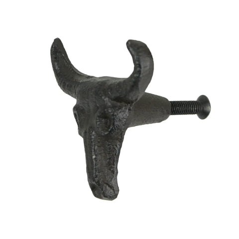 Set Of 6 Steer Skull Drawer Pulls Rustic Brown Cast Iron Cabinet Knob, 2x2 inches, ideal for farmhouse kitchen drawers.