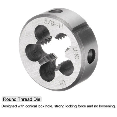 Two Piece Tap And Die Set For 5/8-11 UNC Left Hand Threads With Pro Grade Tap And Die For Easy Thread Repair And Bolt Nut Fix Handy Workshop Tool Kit For Metalworking And Woodworking Projects - close-up of 38 mm round thread die with conical lock hole.