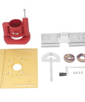 Heavy Duty Router Table Lift Assembly With Precision Micro Dial Insert Plate And Sliding Guide Ruler For Quick Woodworking Milling, components displayed.