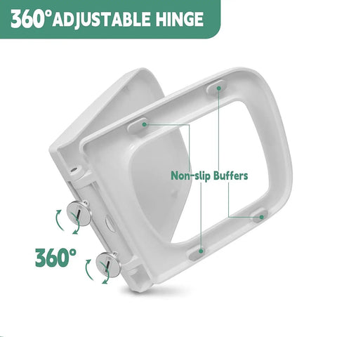 White Square Elongated Toilet Seat featuring Quiet Soft Close lids and quick release hinges with 360° adjustable hinge and non-slip buffers.