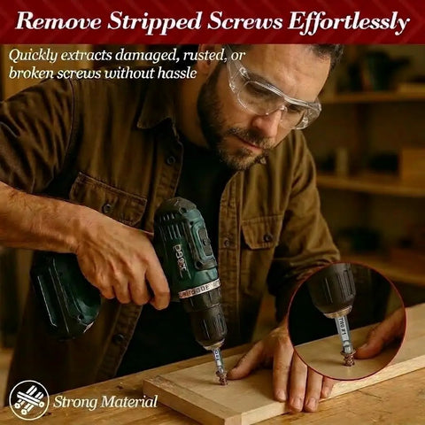Man using electric drill from 10 Piece Screw Extractor Set for Stripped Screws and Broken Bolts, Easy Out Kit With Reverse Drill Bits