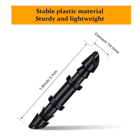 One quarter inch single barbed drip irrigation fitting from 300 Pieces One Quarter Inch Single Barbed Drip Irrigation Fittings And Couplers Set For Drip Tubing Sprinkler System Garden Lawn Greenhouse Patio Farm And Yards Must Have, black plastic, 1.5 inch size