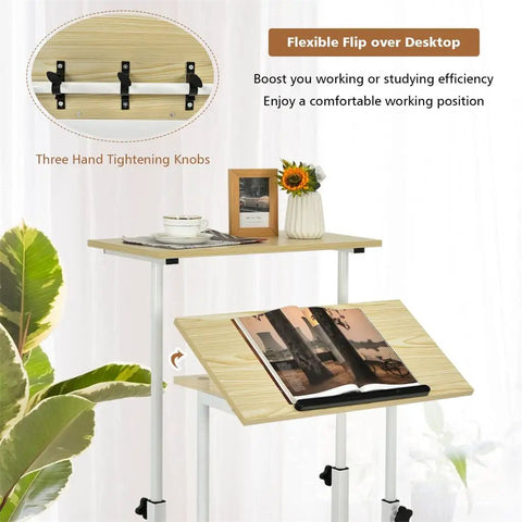 Hassle Free Rolling Height Adjustable Standing Desk With Easy Glide Casters And Extra Roomy Laptop Tray. Desktop with tight knobs.