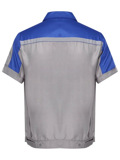 Back view of Mens Short Sleeve Mechanic Work Jacket With Reflective Safety Stripes And Heavy Duty Zipper Durable Contrast Utility Shirt Built Different And Kick Ass For The Daily Hustle.