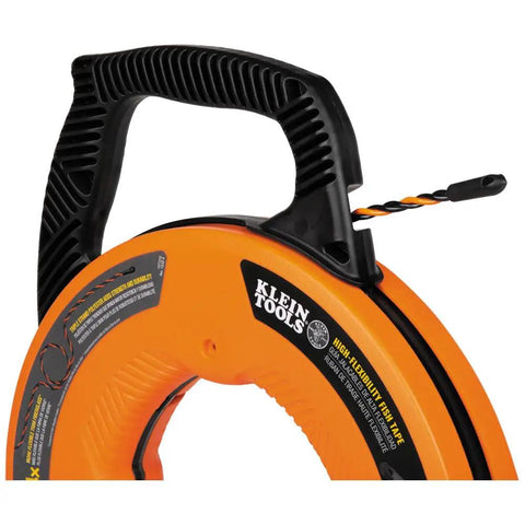 High Flex 75 Foot Tri Strand Polyester Fish Tape close-up, featuring an ergonomic handle and clear markings for easy electrical wire pulling.
