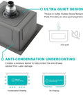 Diagram showing ultra quiet design and anti-condensation undercoating of 20 Inch Drop In Kitchen Sink In Stainless Steel With Brushed Nickel Finish.