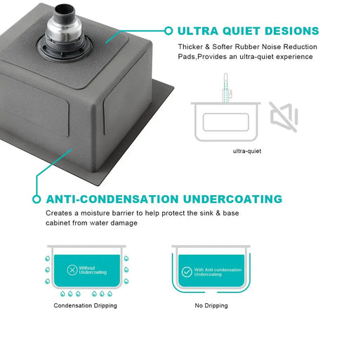 Diagram showing ultra quiet design and anti-condensation undercoating of 20 Inch Drop In Kitchen Sink In Stainless Steel With Brushed Nickel Finish.