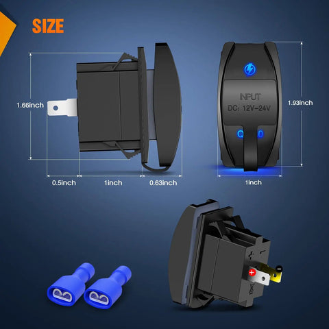 Rocker Switch Style USB Outlet Socket Panel Mount Dual USB Ports 5V 2.1A Each with PD Type-C Fast Charge Replacement or Add-On Charger for 12V-24V Vehicles, Phones, Tablets, Cameras, GPS, size view with 1-inch panel mount