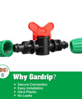 10 Pack Inline Half Inch Drip Irrigation Ball Valves With Locking Barbed Ends displayed with secure connection feature