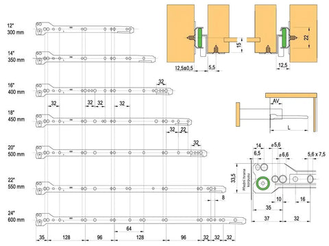 Technical drawing of 2 Pack Drawer Runners With Roller Guide, Partial Extension Telescopic Rails, 400mm length, diagrams included