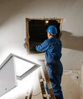 Heavy Duty Aluminum Attic Access Hatch Panel With Solid Lock And Key Smooth Flush Mount Ceiling Inspection Door in use during installation.