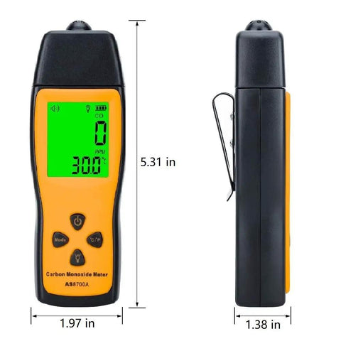 Front and side view of Portable Carbon Monoxide Detector with Backlit LCD, Pro Grade High Accuracy Sensor, dimensions shown.