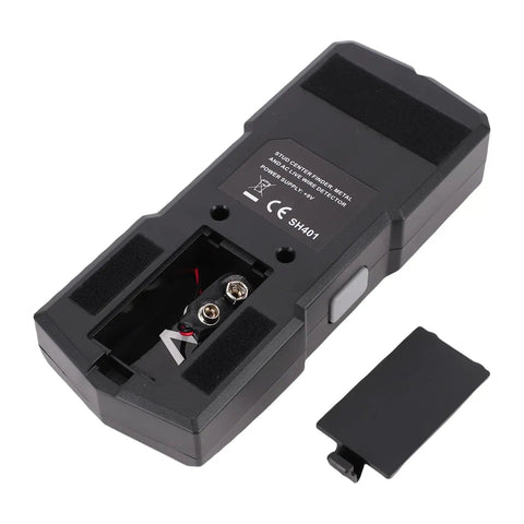 YDuupxe Wall Scanner Detector 5 in 1 Wood Metal Live Wire Finder showing the backside with battery compartment and label.