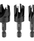 Straight Up Heavy Duty Tapered Plug Cutters Three Piece HSS Set showing 1/4, 3/8, and 1/2 inch drill bits for woodworking.