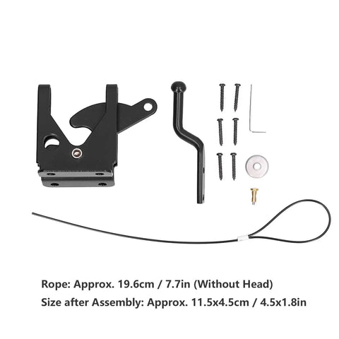 Heavy Gauge Iron Fence Lock With Self Locking Gate Latch And Adjustable Pull Cable Locks parts including latch, screws, and cable.