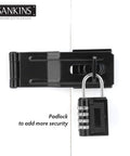 Black swivel staple safety hasp with combination padlock for doors, gates, and cabinets; zinc-plated, rustproof, 4-1/2 inch size.
