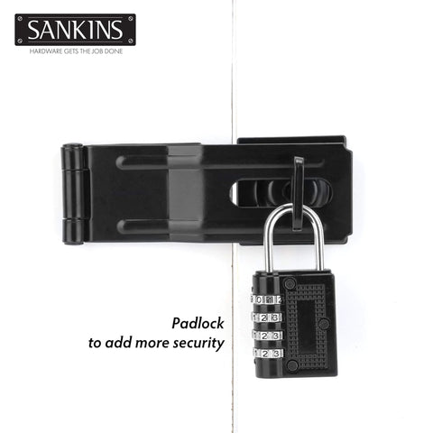 Black swivel staple safety hasp with combination padlock for doors, gates, and cabinets; zinc-plated, rustproof, 4-1/2 inch size.