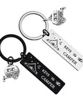 Two Pack Camping Keychains For Couples Outdoor Lovers Gift For Men And Women RV Campers Gear featuring engraved camper design