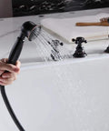 Five Hole Roman Tub Faucet With Hand Shower And Triple Cross Handles In Antique Black for classic bathroom style in use
