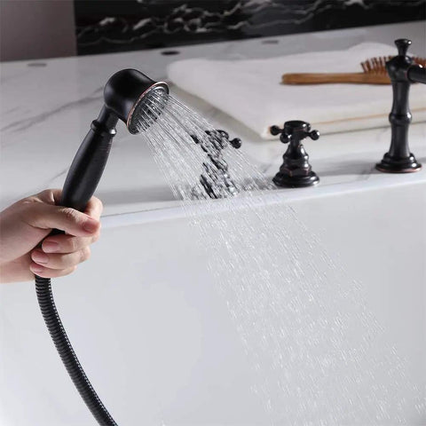 Five Hole Roman Tub Faucet With Hand Shower And Triple Cross Handles In Antique Black for classic bathroom style in use